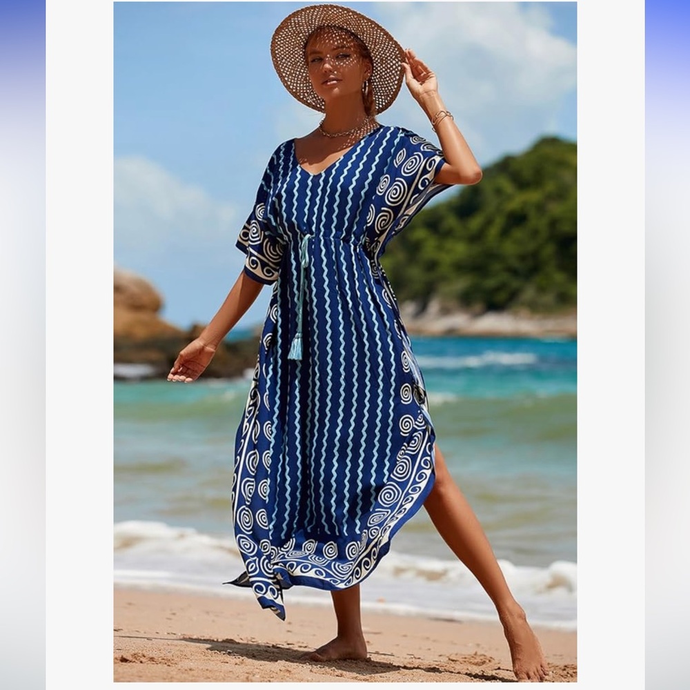 NWOT Cherry Cat indigo stripe caftan dress swim coverup one size fits most